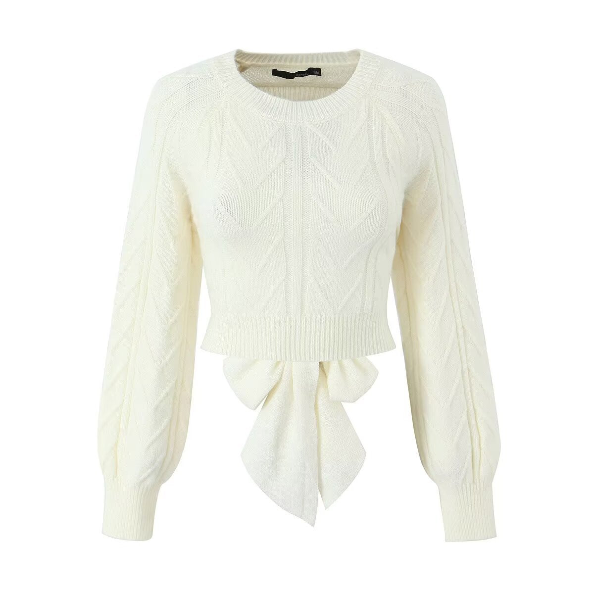 Thea | Cropped Cable Knit Sweater Cream Long Sleeve Crew Neck