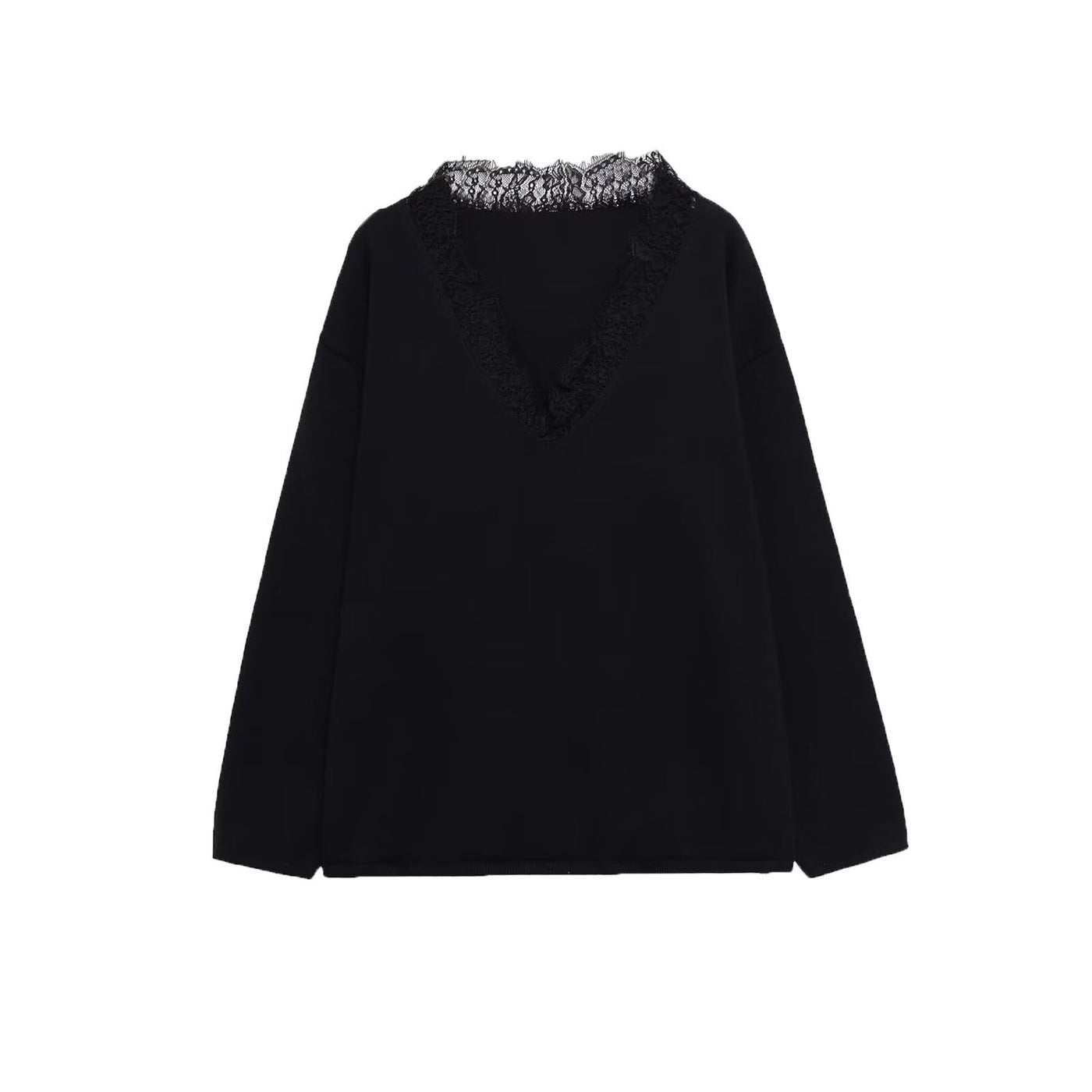 Niamh | V-Neck Lace Trim Long Sleeve Soft Knit Top