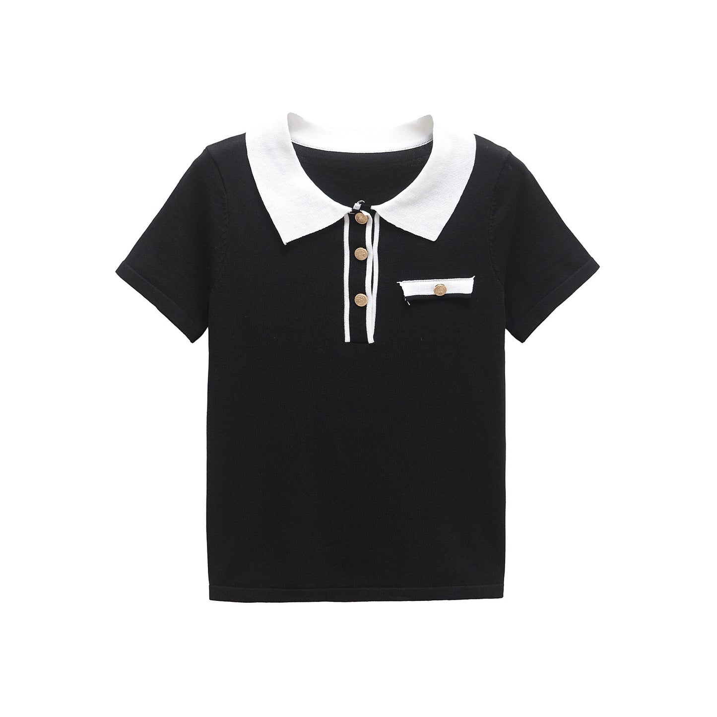 Eleanor | Chic Black Contrast Knitted Polo Top