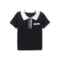 Sienna | Contrast Collar Gold Button Knit Polo Top