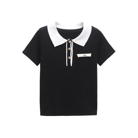 Eleanor | Chic Black Contrast Knitted Polo Top