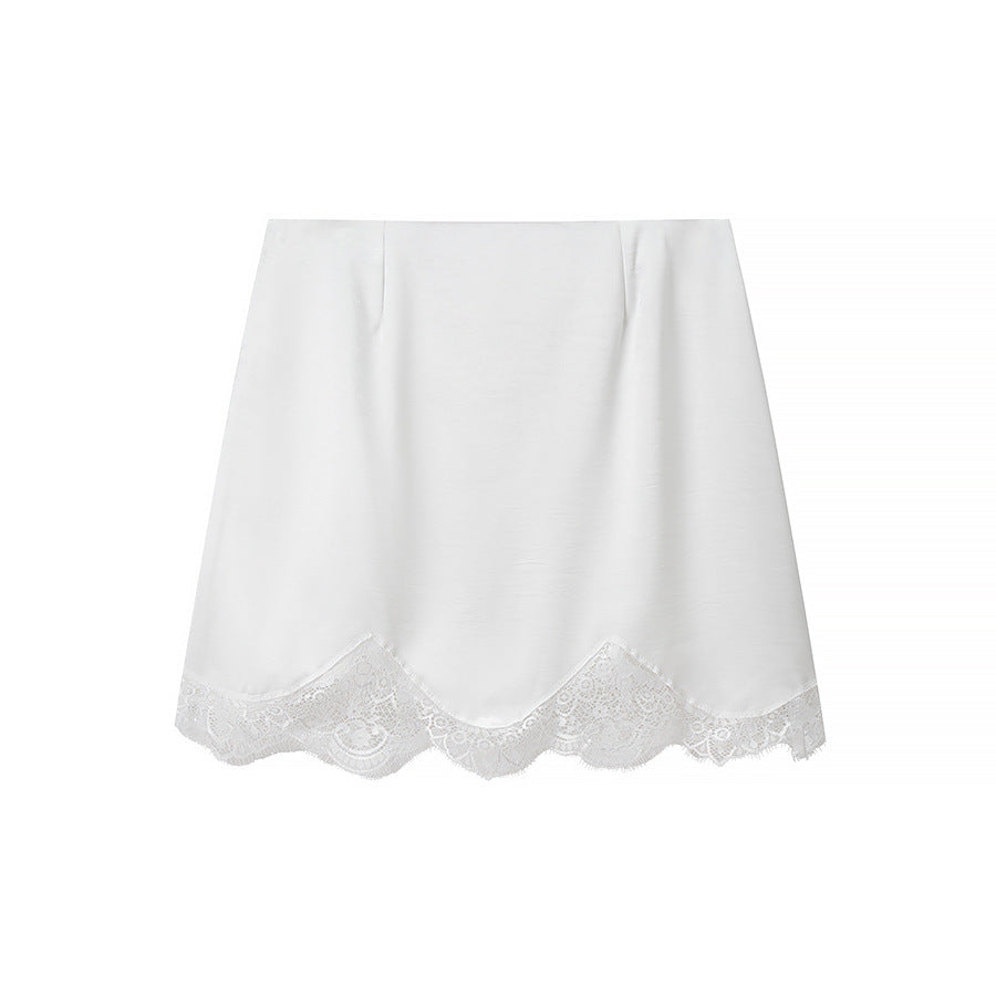 Una | Satin Scalloped Lace Trim Mini Skirt