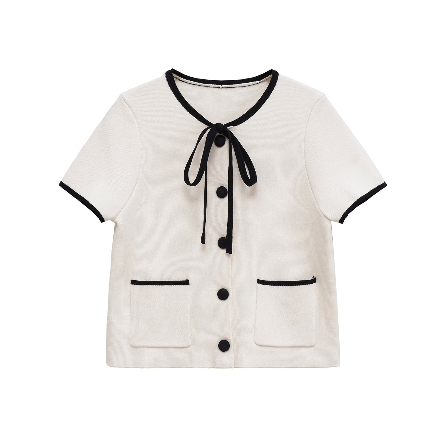 Thea | Coquette Tie Neck Blouse White Short Sleeve Button Front Pockets