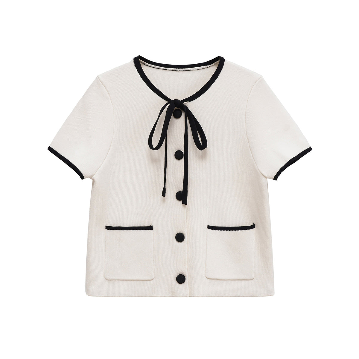 Felicity | Bow Neck Contrast Trim Cropped Jersey Top