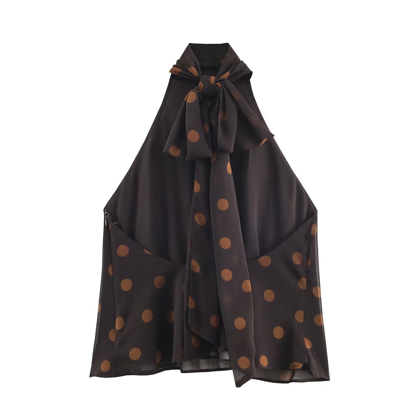 Camille | Halter Neck Top Brown Black Polka Dot Sleeveless Sheer