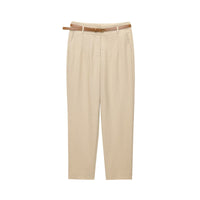 Nicole | High-Waist Pleated Belt Loop Wide-Leg Linen Trousers in Cream
