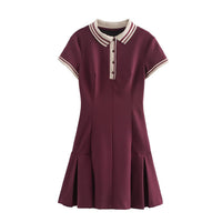 Tessa | Stripe Polo Collar Button Placket Pleated Skirt A-Line Mini Shirt Dress