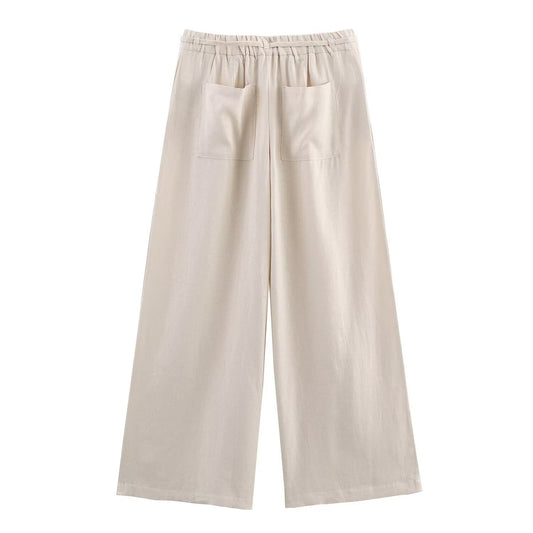 Hazel | Casual Wide Leg Linen Trousers Cream Drawstring