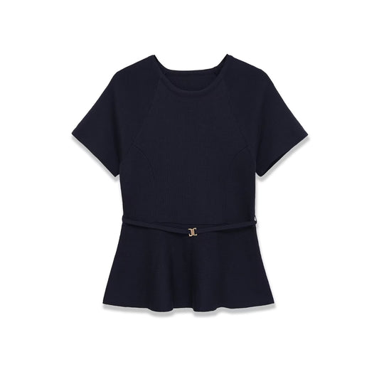 Paloma | Smart Casual Peplum Top Navy Short Sleeve Belted Fitted
