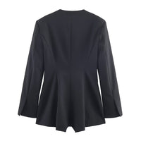 Ariella | Deep V-Neck Asymmetric Button Padded Shoulder Tailored Shorts Romper in Black