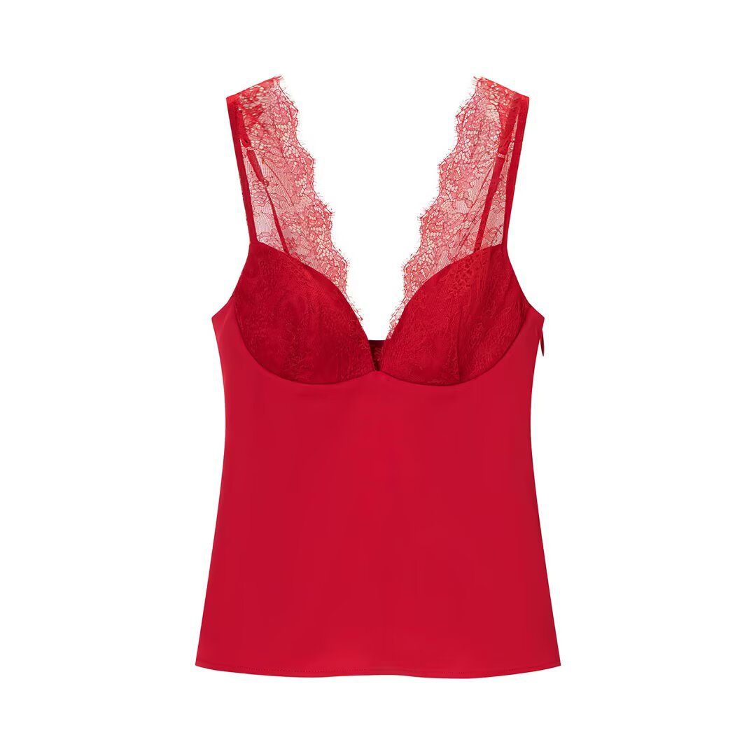 Fern | Elegant Lace Satin Cami Top Black V Neck Sleeveless