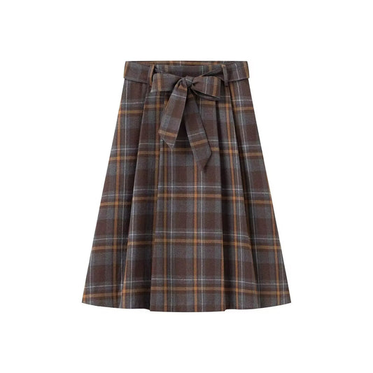 Hazel | Autumn Check Midi Skirt Brown Pleated Belted High Waisted
