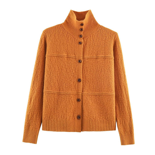 Maren | Autumn Knitted Cardigan Green Long Sleeve Button Front High Neck