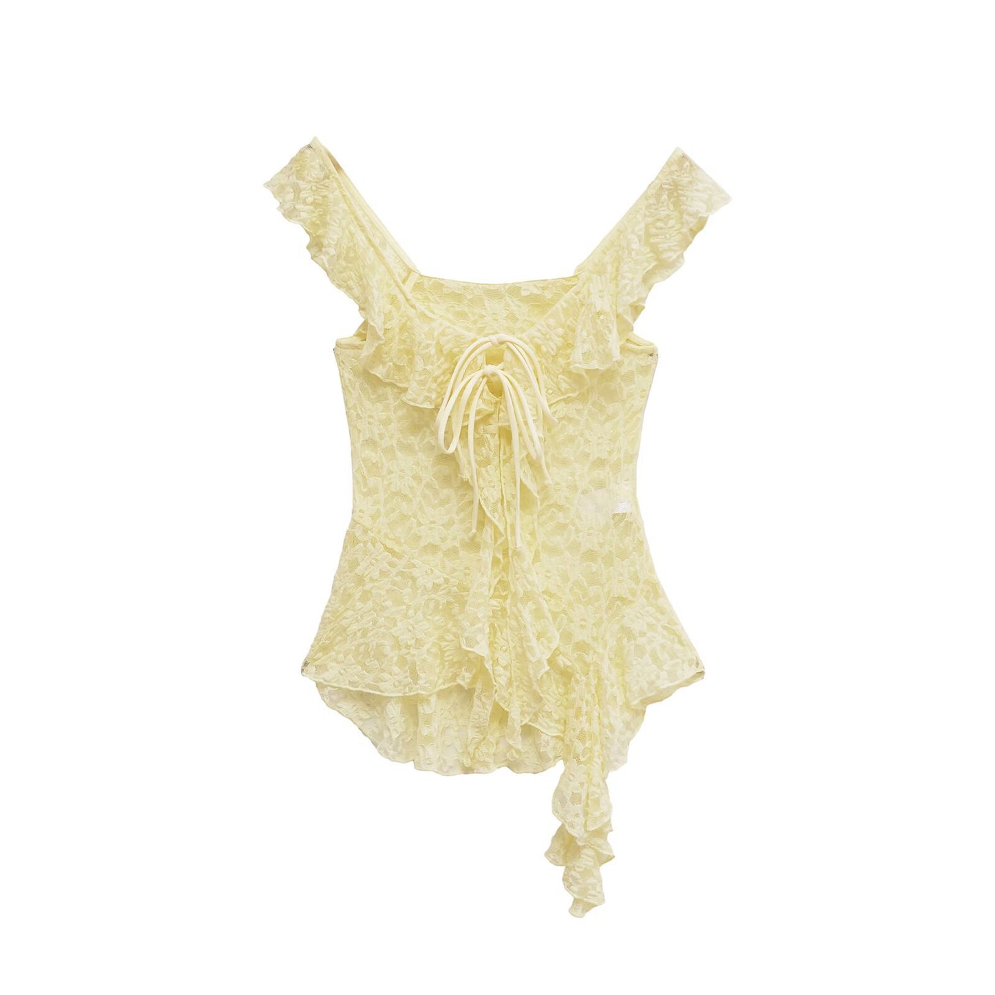 Etta | Square Neck Lace Top White Ruffle Tie Front Sheer