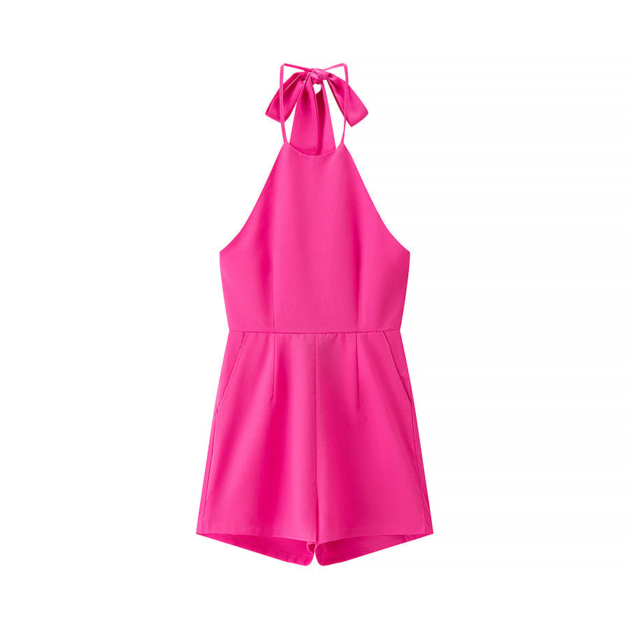 Rose | Halter Neck Pleated Shorts Romper in Pink