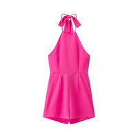 Rose | Halter Neck Pleated Shorts Romper in Pink