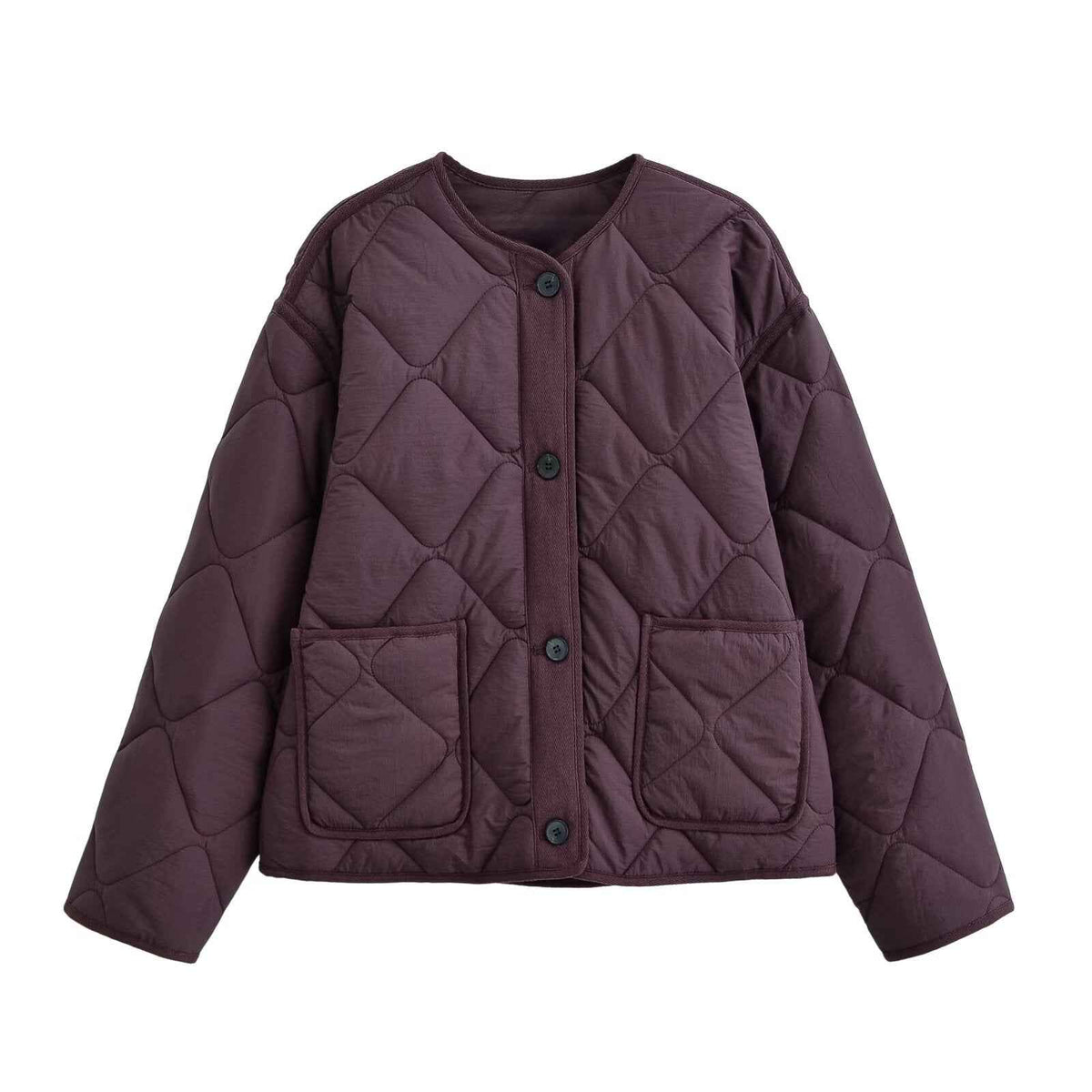 Vera | Autumn Quilted Jacket Purple Collarless Button Front