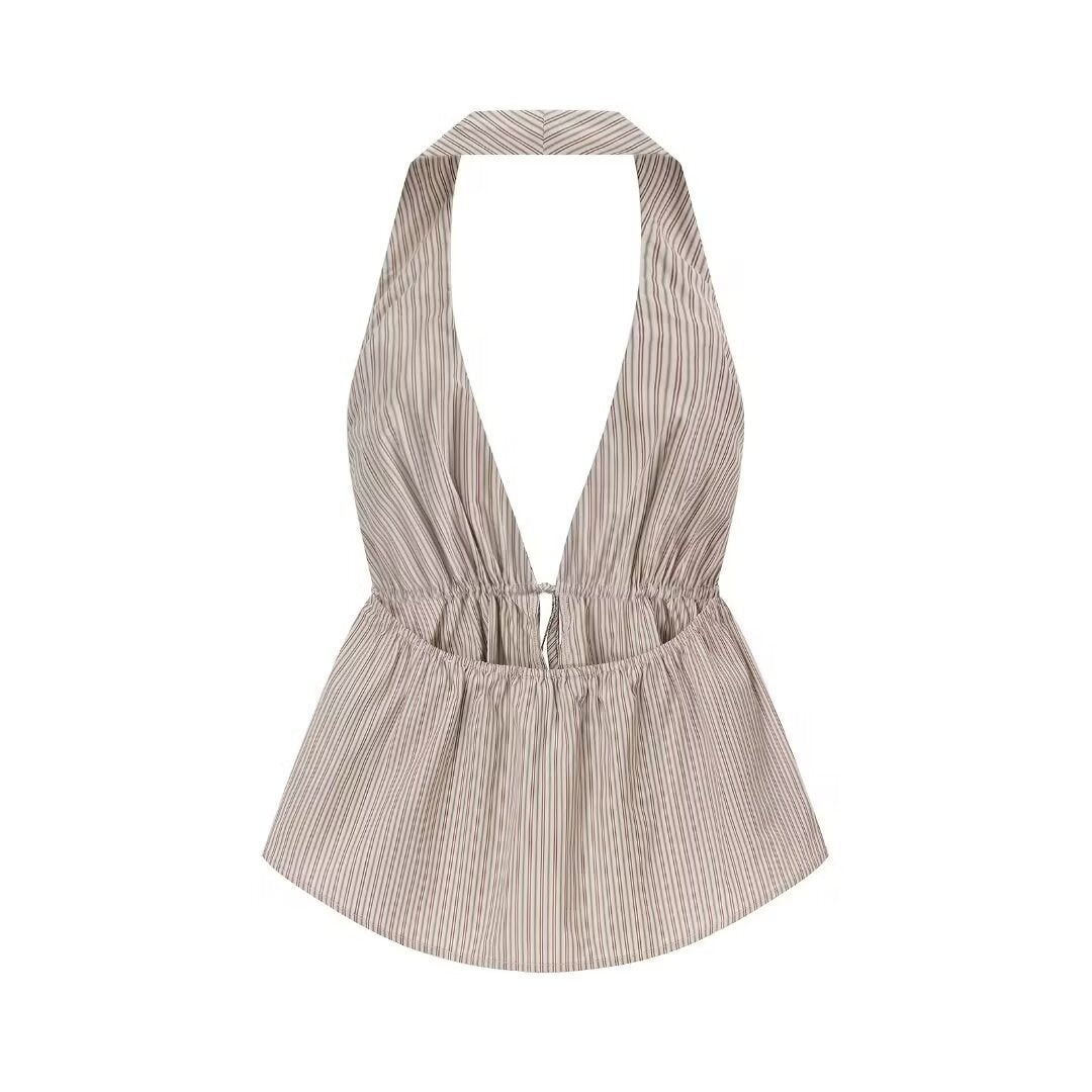 Lilah | Striped Cotton Halter Peplum Tie Front Top