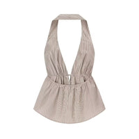 Lilah | Striped Cotton Halter Peplum Tie Front Top