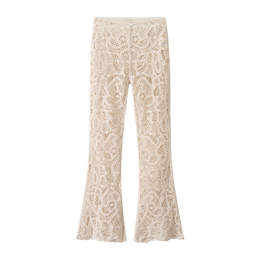 Freya | Open-Weave Crochet Knit Flared Trousers with Elasticated Waist