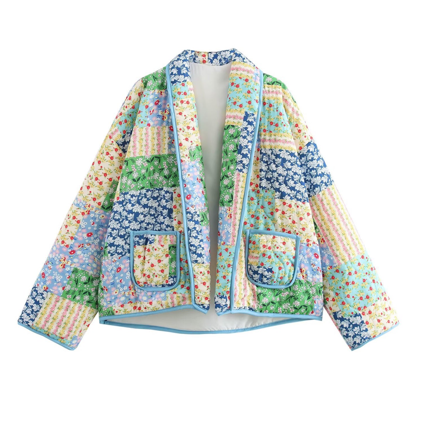 Edie | Quilted Jacket Cream Light Blue Floral Patchwork Long Sleeve