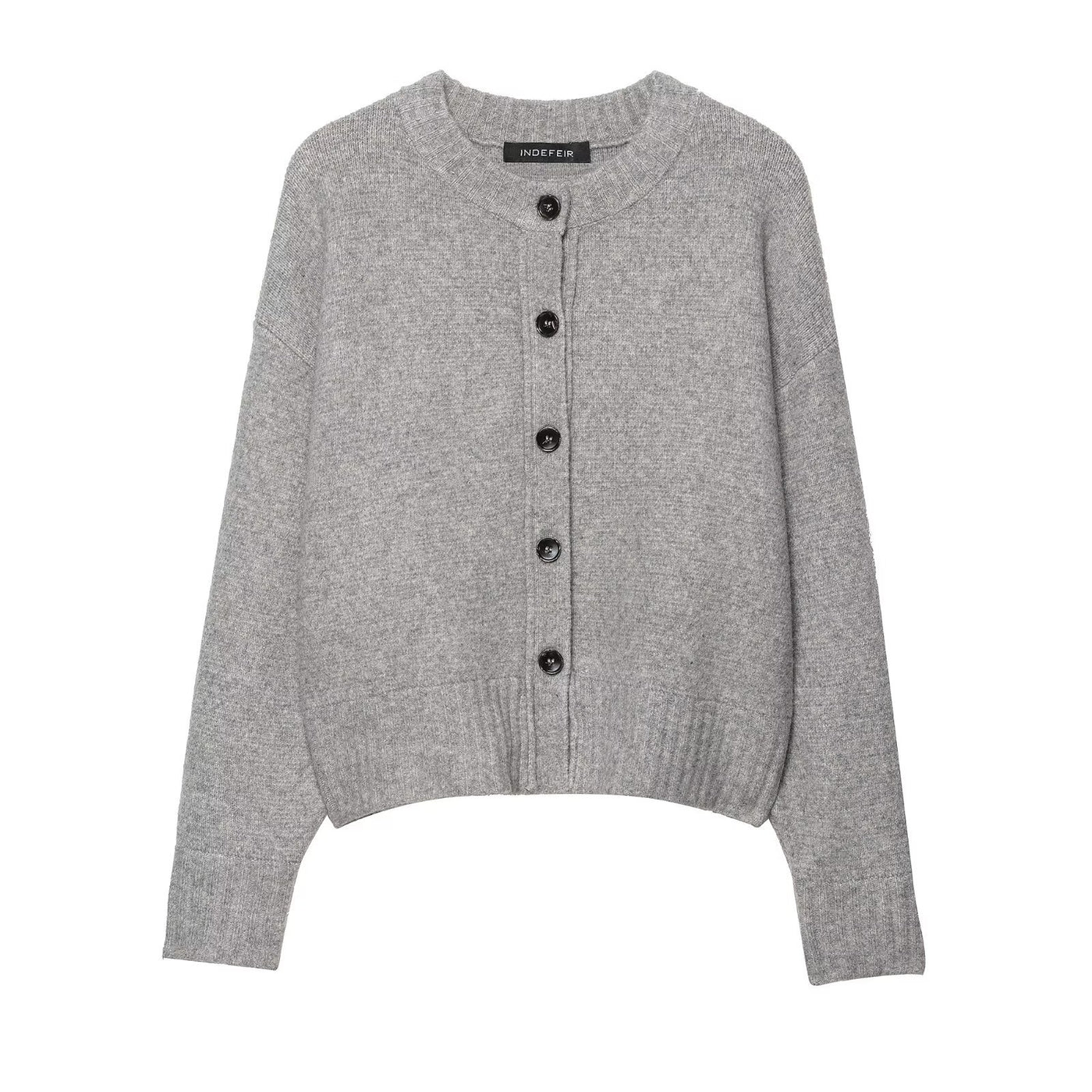Chloe | Crew Neck Full Button Front Ribbed Trim Relaxed Cropped Knit Cardigan
