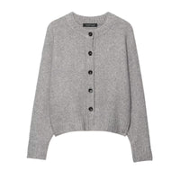Chloe | Crew Neck Full Button Front Ribbed Trim Relaxed Cropped Knit Cardigan