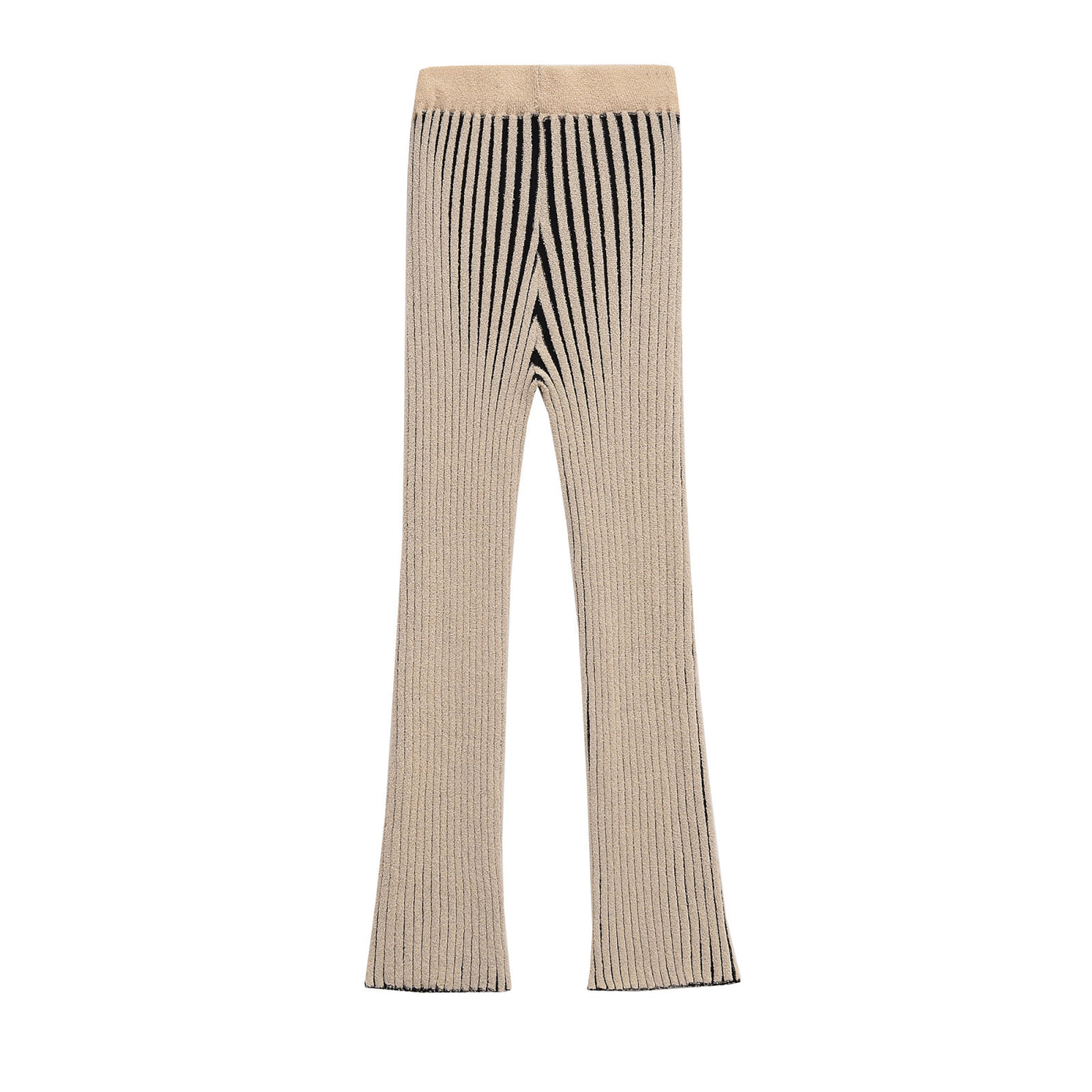 Mollie | Vertical Stripe Elasticated Wide-Leg Ribbed Knit Trousers in Cream