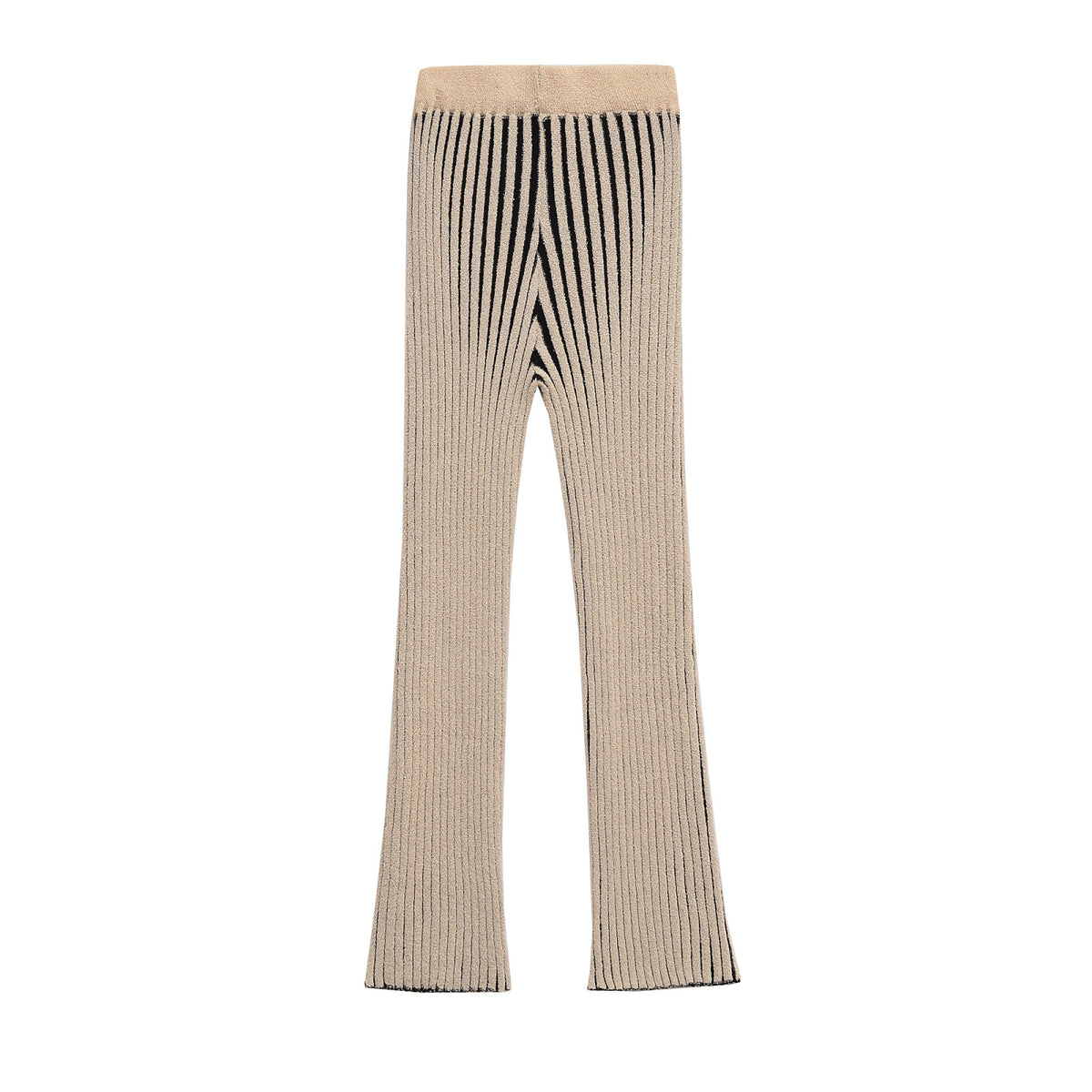 Mollie | Vertical Stripe Elasticated Wide-Leg Ribbed Knit Trousers in Cream