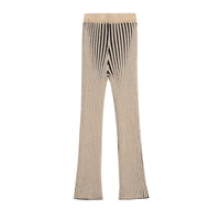 Mollie | Vertical Stripe Elasticated Wide-Leg Ribbed Knit Trousers in Cream