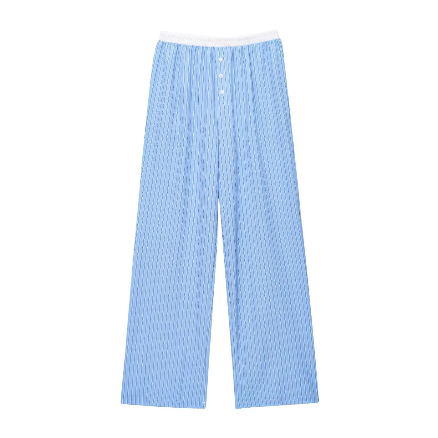 Mary | Stripe Contrast Waistband Button Fly Wide-Leg Cotton Trousers