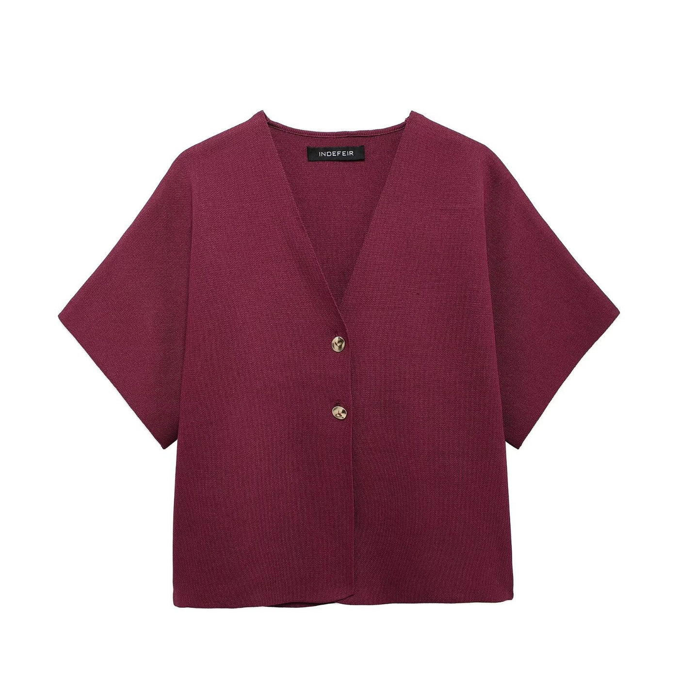 Penelope | V-Neck Gold Button Short Sleeve Relaxed Cropped Knit Top