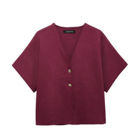 Penelope | V-Neck Gold Button Short Sleeve Relaxed Cropped Knit Top