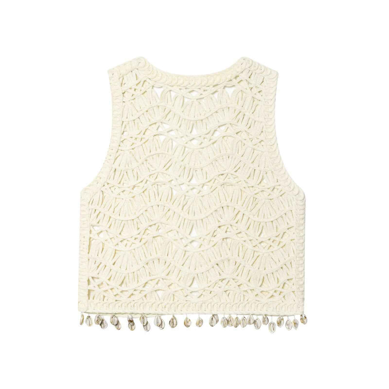 Noa | Summer Crochet Cardigan Cream Sleeveless Shell Tassel