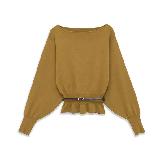 Flora | Smart Casual Peplum Blouse Brown Long Sleeve Belted