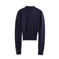 Robyn | Pussy-Bow Gold Button Twin Pocket Cropped Knit Top