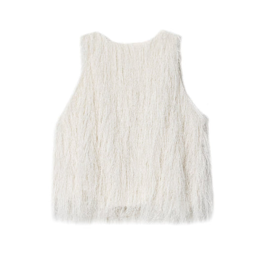 Willa | Fluffy Vest Top White Sleeveless V Neck