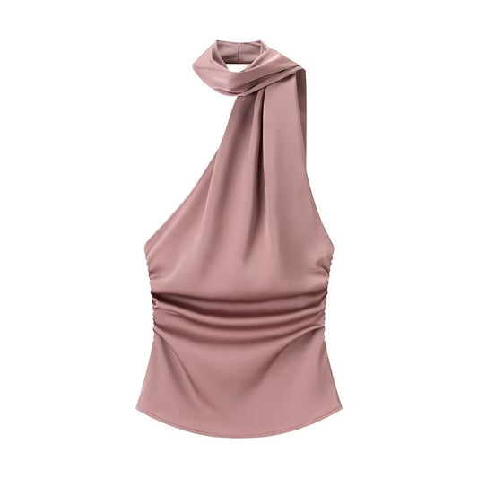 Flora | Elegant Halter Neck Top Pink Satin Sleeveless Ruched
