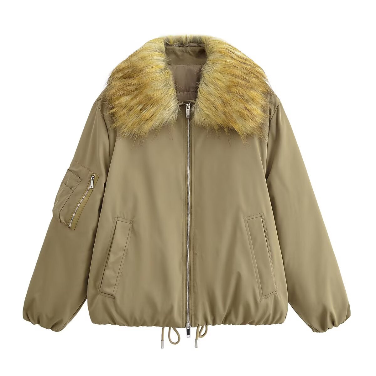Alma | Autumn Bomber Jacket Faux Fur Collar Khaki Zip Up Cropped