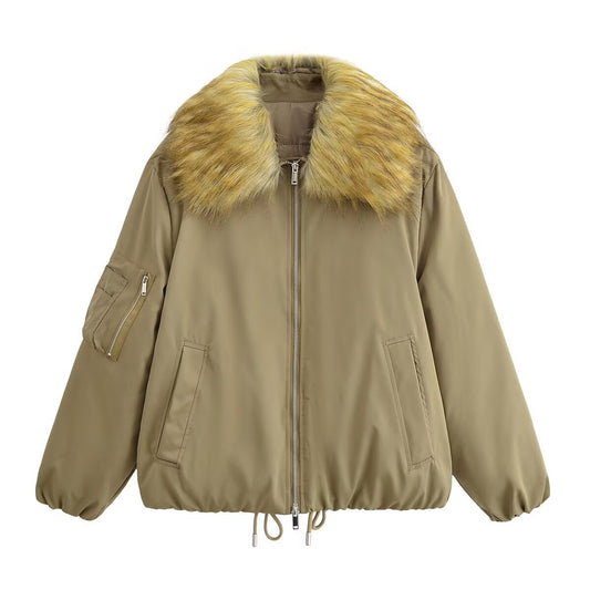 Alma | Autumn Bomber Jacket Faux Fur Collar Khaki Zip Up Cropped