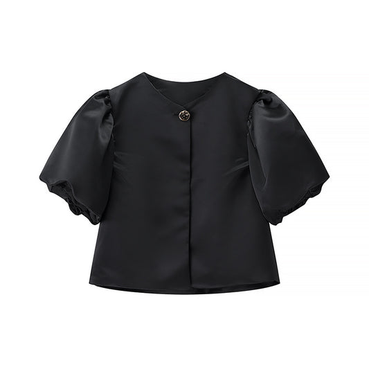 Viola | Elegant Satin Blouse Black Puff Sleeve Short Sleeve