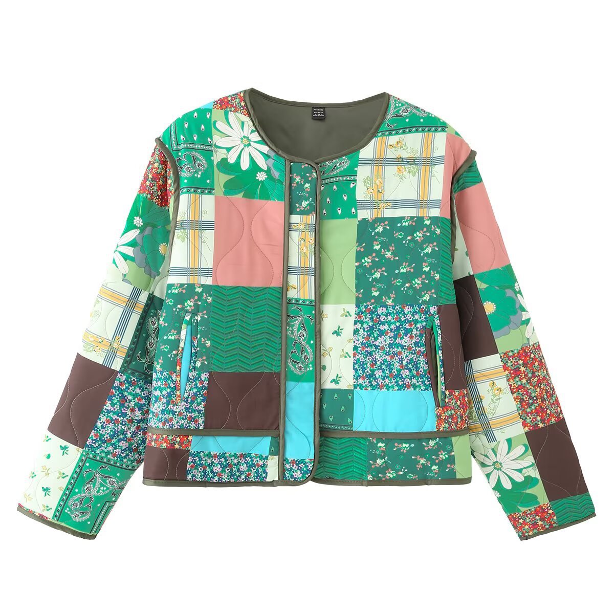 Yara | Quilted Jacket Green Patchwork Zip Up Lightweight Long Sleeve