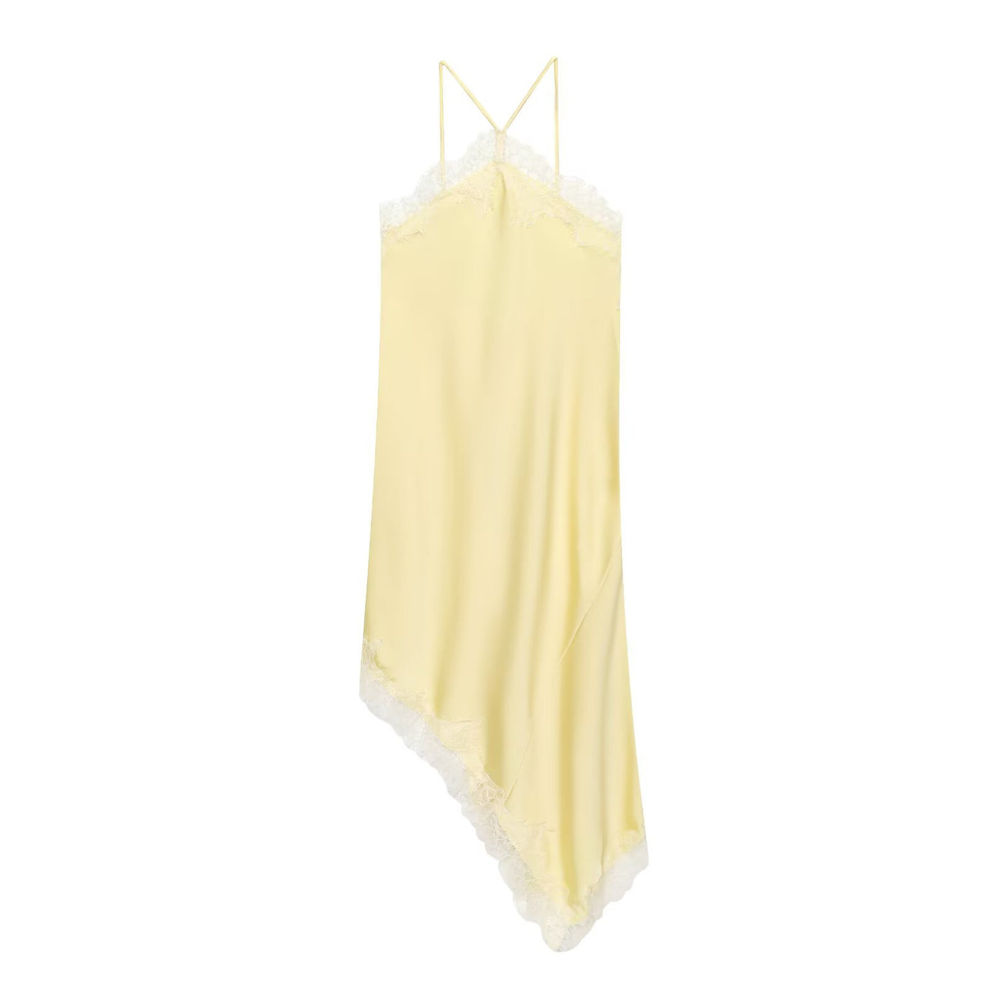 Primrose | Lace Trim V-Neck Spaghetti Strap Asymmetric Hem Satin Slip Midi Dress