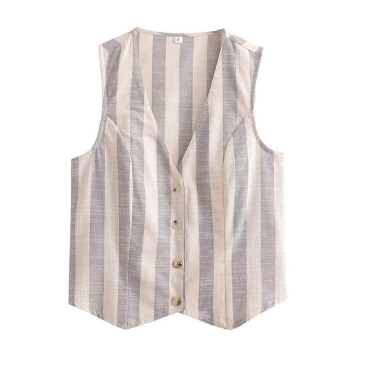 Gia | Striped Linen Waistcoat Beige Grey Button Front V Neck Sleeveless