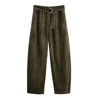 Summer | D-Ring Belt Soft Brushed Wide-Leg Trousers in Khaki