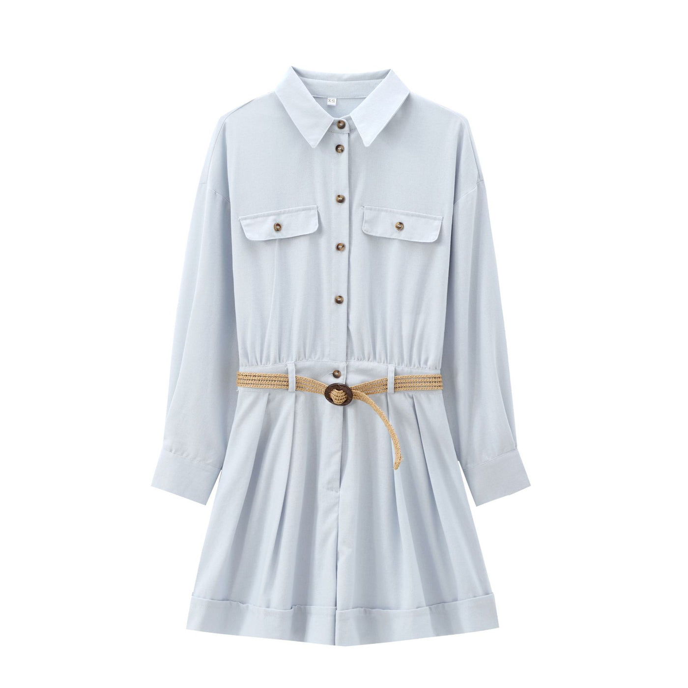 Niamh | Long Sleeve Belted Shirt Romper in Light Blue