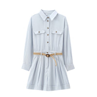 Niamh | Long Sleeve Belted Shirt Romper in Light Blue