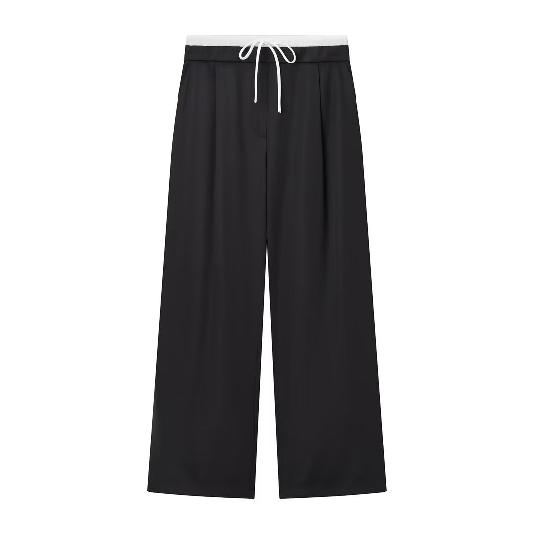 Rosie | Drawstring Pleat-Front Jersey Wide-Leg Trousers with Contrast Waistband