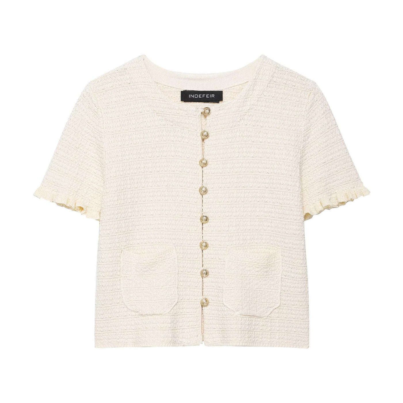 Anna | Pearl Button Frilled Sleeve Front Pocket Cropped Knit Top