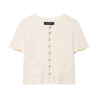 Anna | Pearl Button Frilled Sleeve Front Pocket Cropped Knit Top